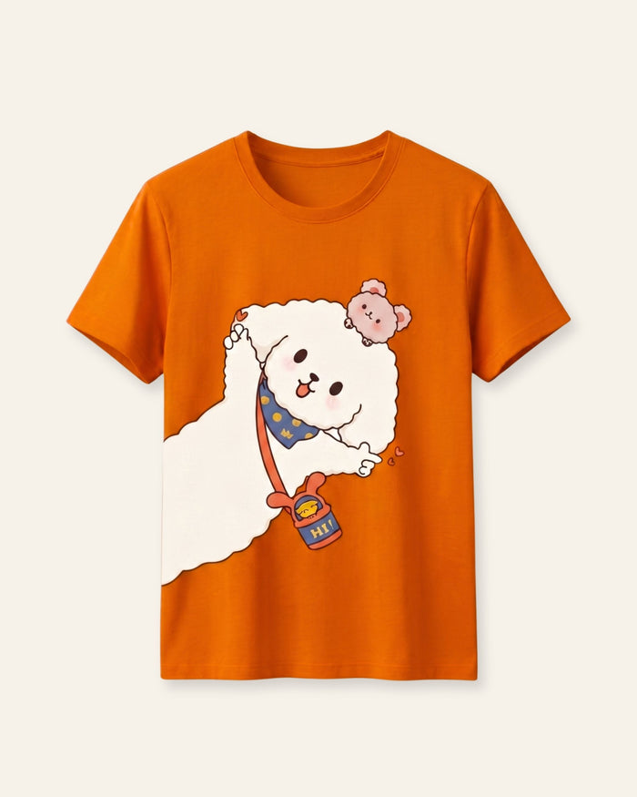 Girls Fluffy Dog Tee — Orange