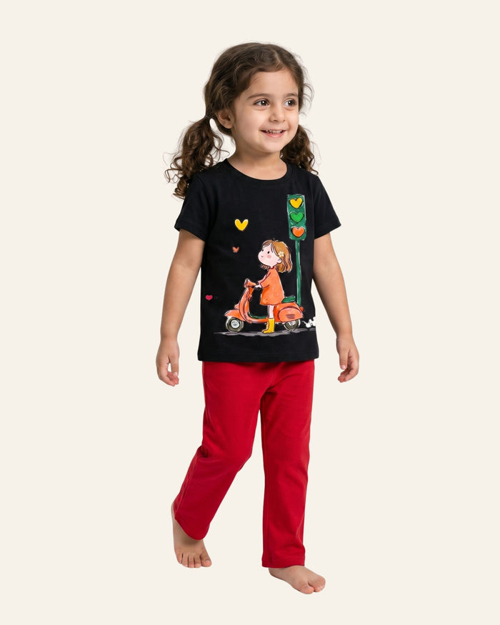 Girls Cartoon Cat Trouser Set — Black