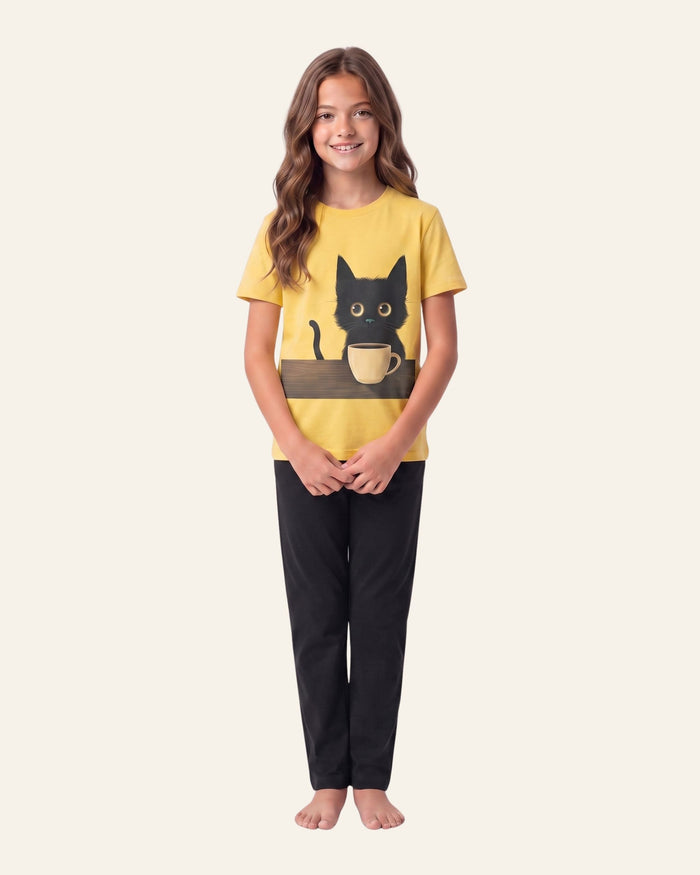 Girls Coffee Cat Trouser Set — Yellow