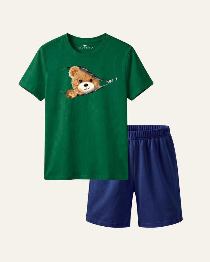 Boys Cartoon Bear Shorts Set — Green