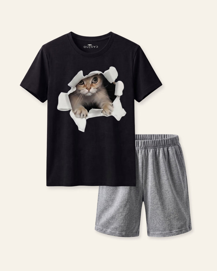 Boys Peekaboo Cat Shorts Set — Black