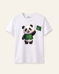 Kids white tee with a panda in a green sweater holding the Pakistan flag
