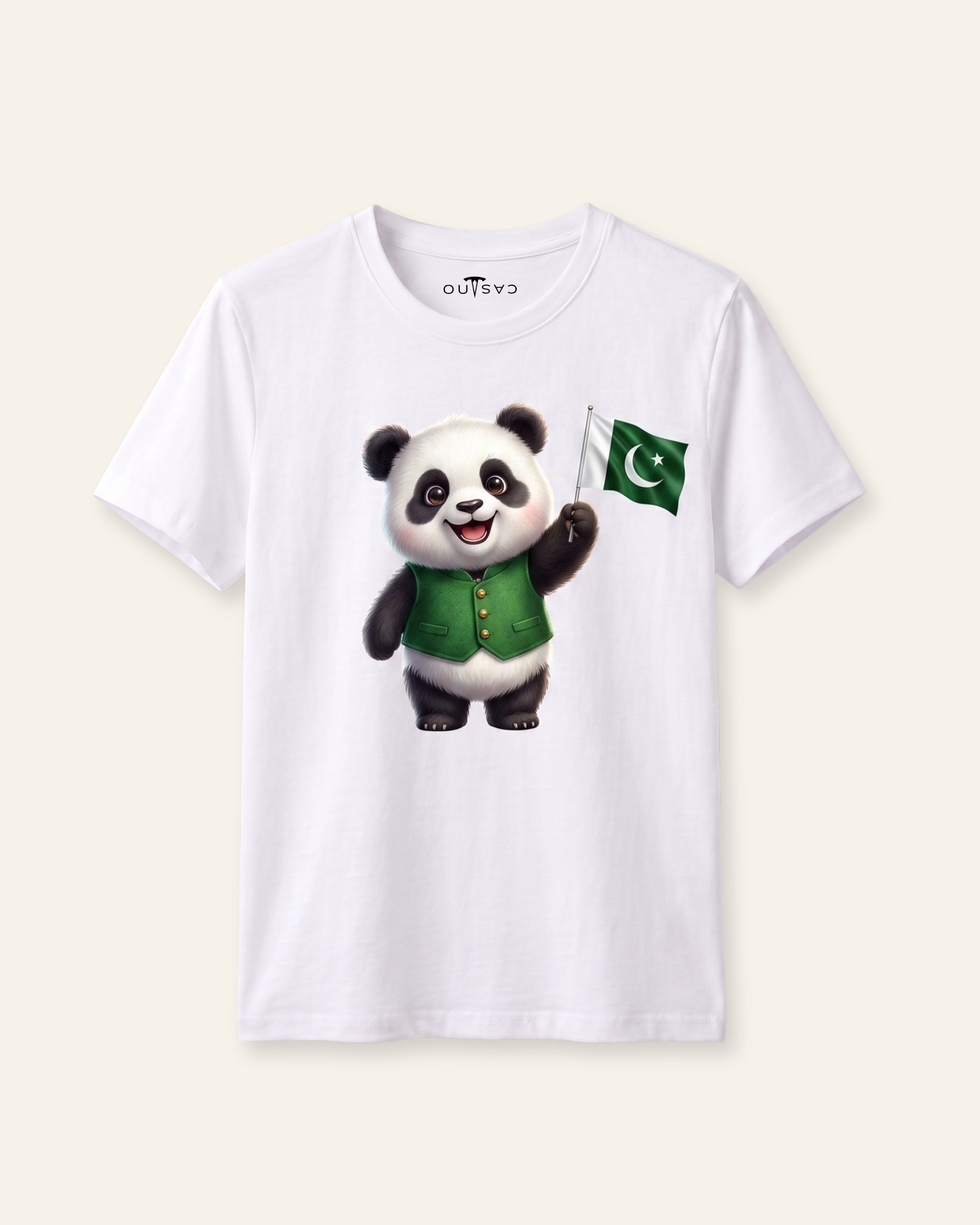 Kids white tee with a panda in a green sweater holding the Pakistan flag