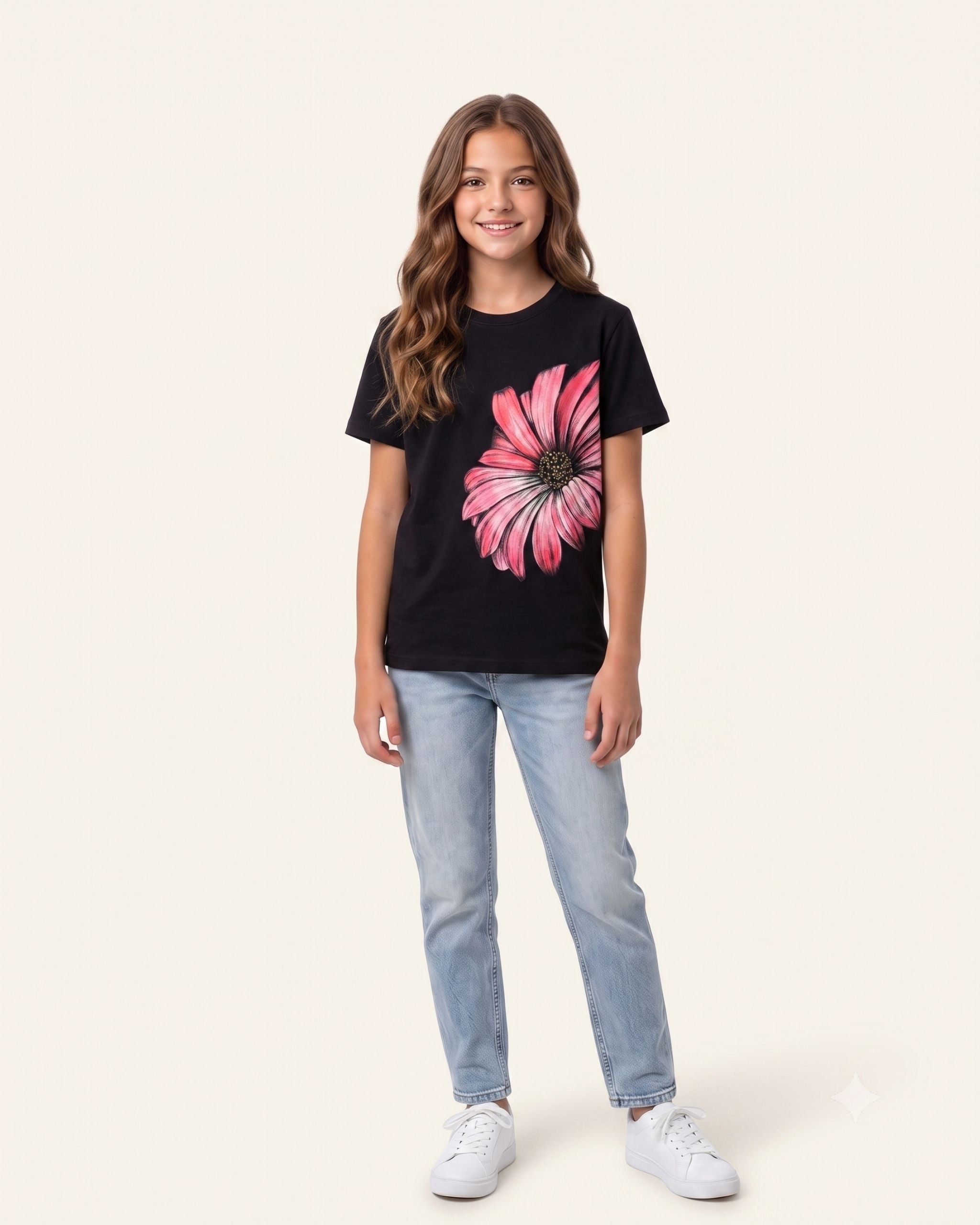 Girls Pink Gerbera Tee — Black