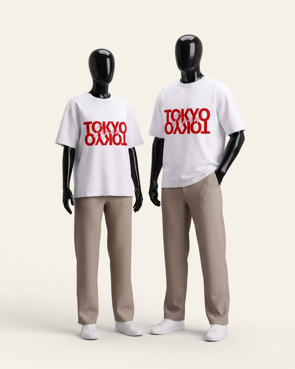 Two adults in matching white cotton tees with a mirrored red Tokyo graphic
