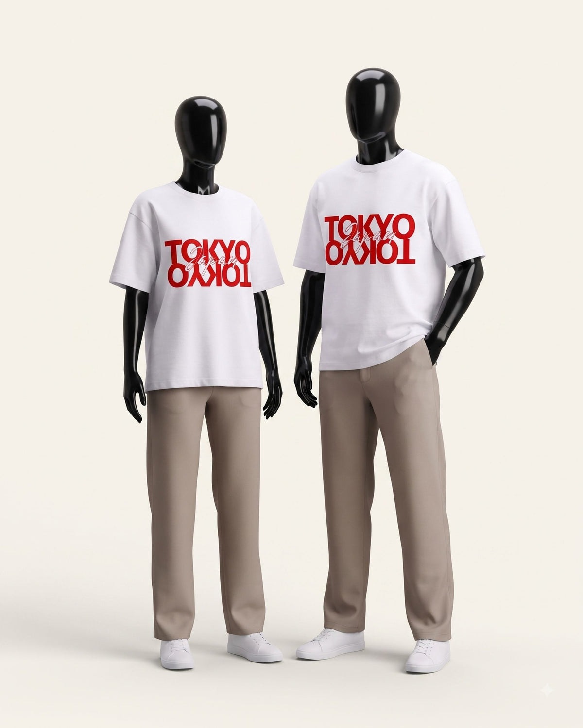 Two adults in matching white cotton tees with a mirrored red Tokyo graphic