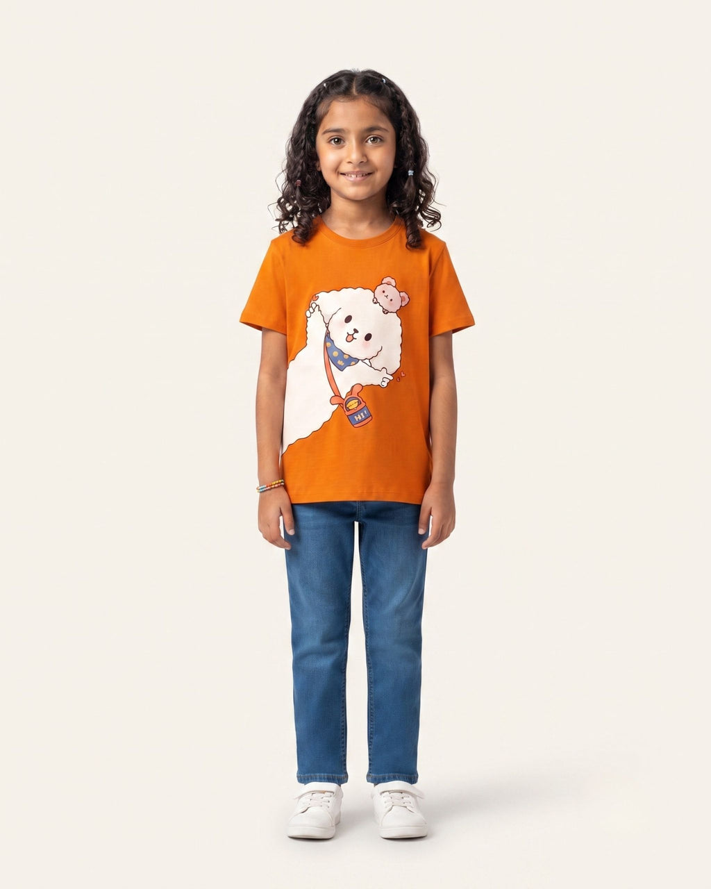 Girls Fluffy Dog Tee — Orange