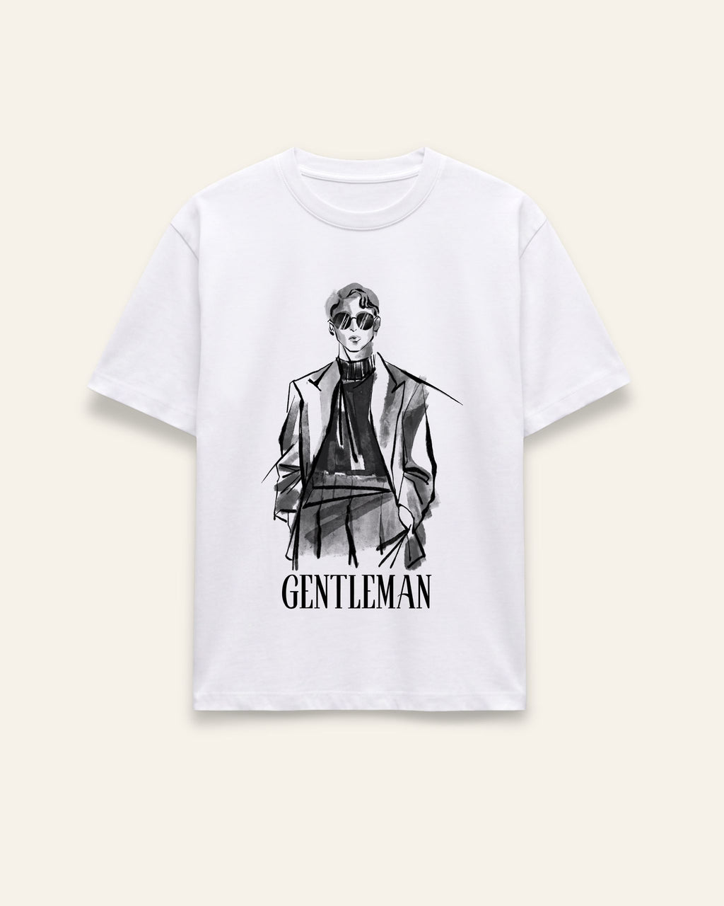 Front of the white cotton tee with a sketched gentleman print and GENTLEMAN wordmark