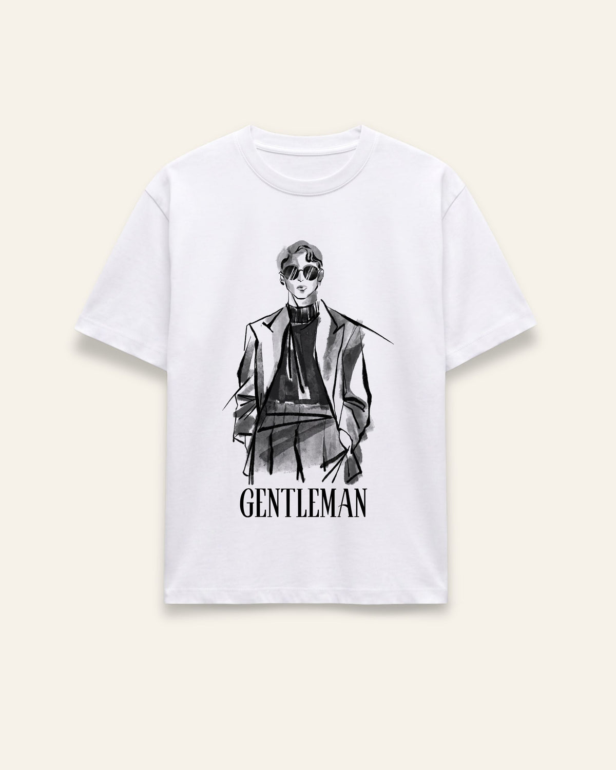 Front of the white cotton tee with a sketched gentleman print and GENTLEMAN wordmark