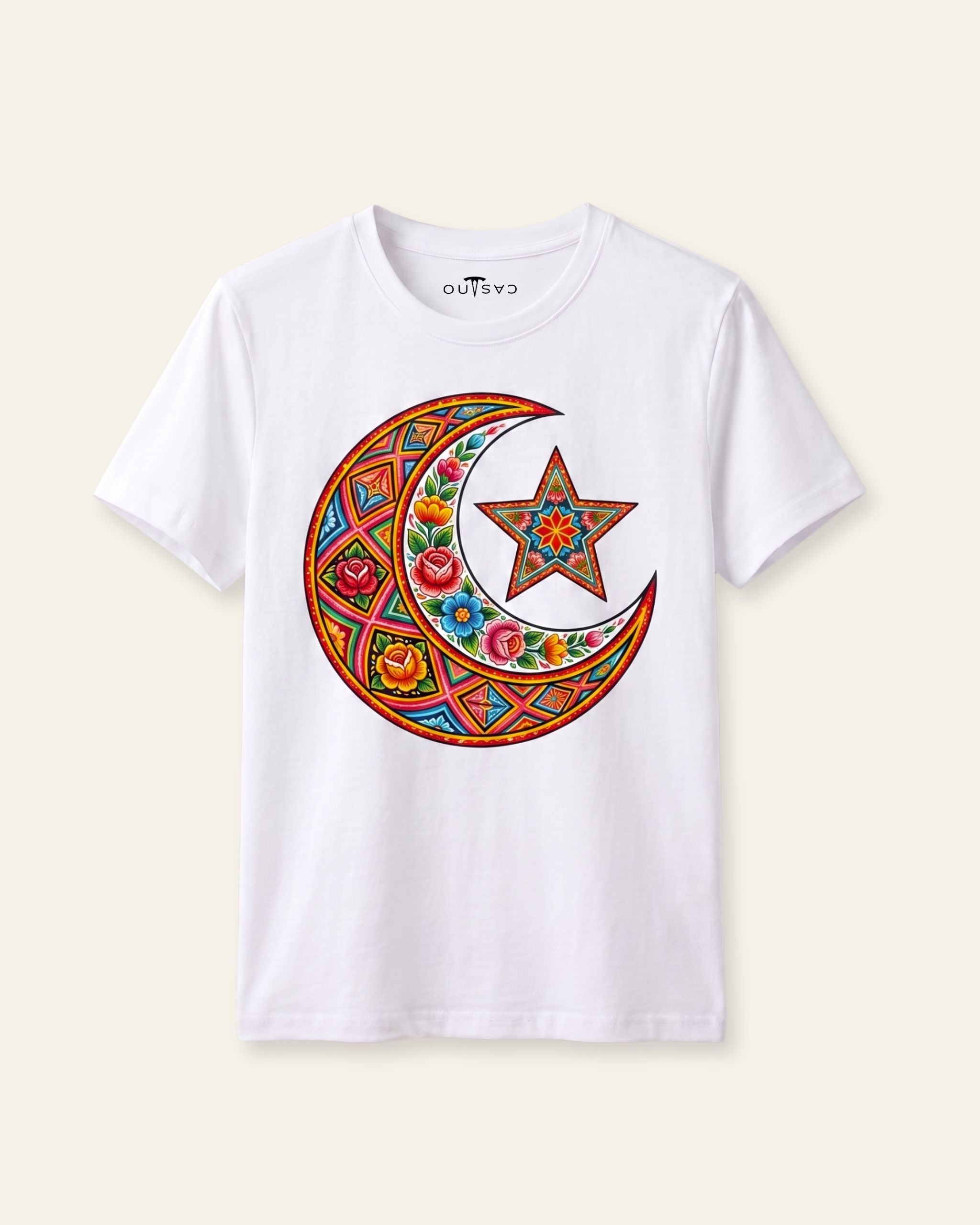 Kids white tee with a truck art crescent and star print