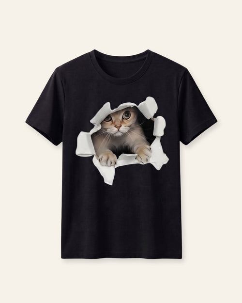 Boys black tee with realistic cat bursting through the front — a fun 3D-style print, ages 3-14