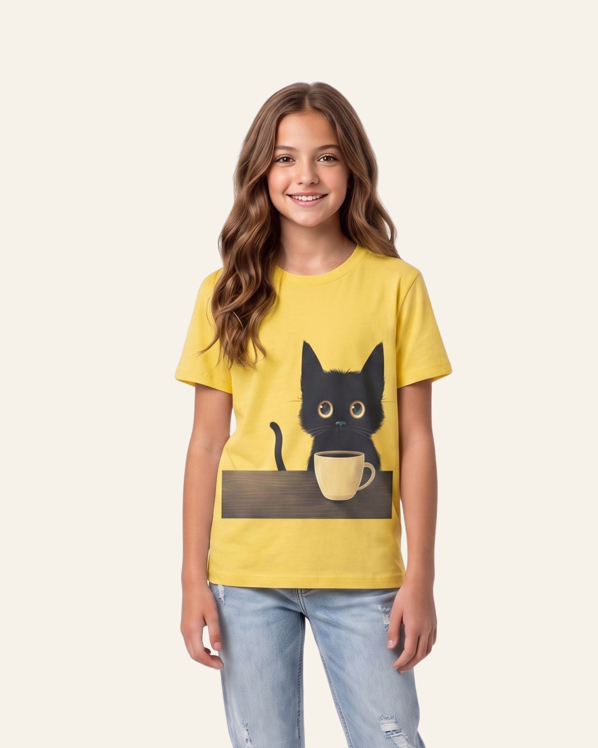 Girls Cat & Cup Tee — Yellow