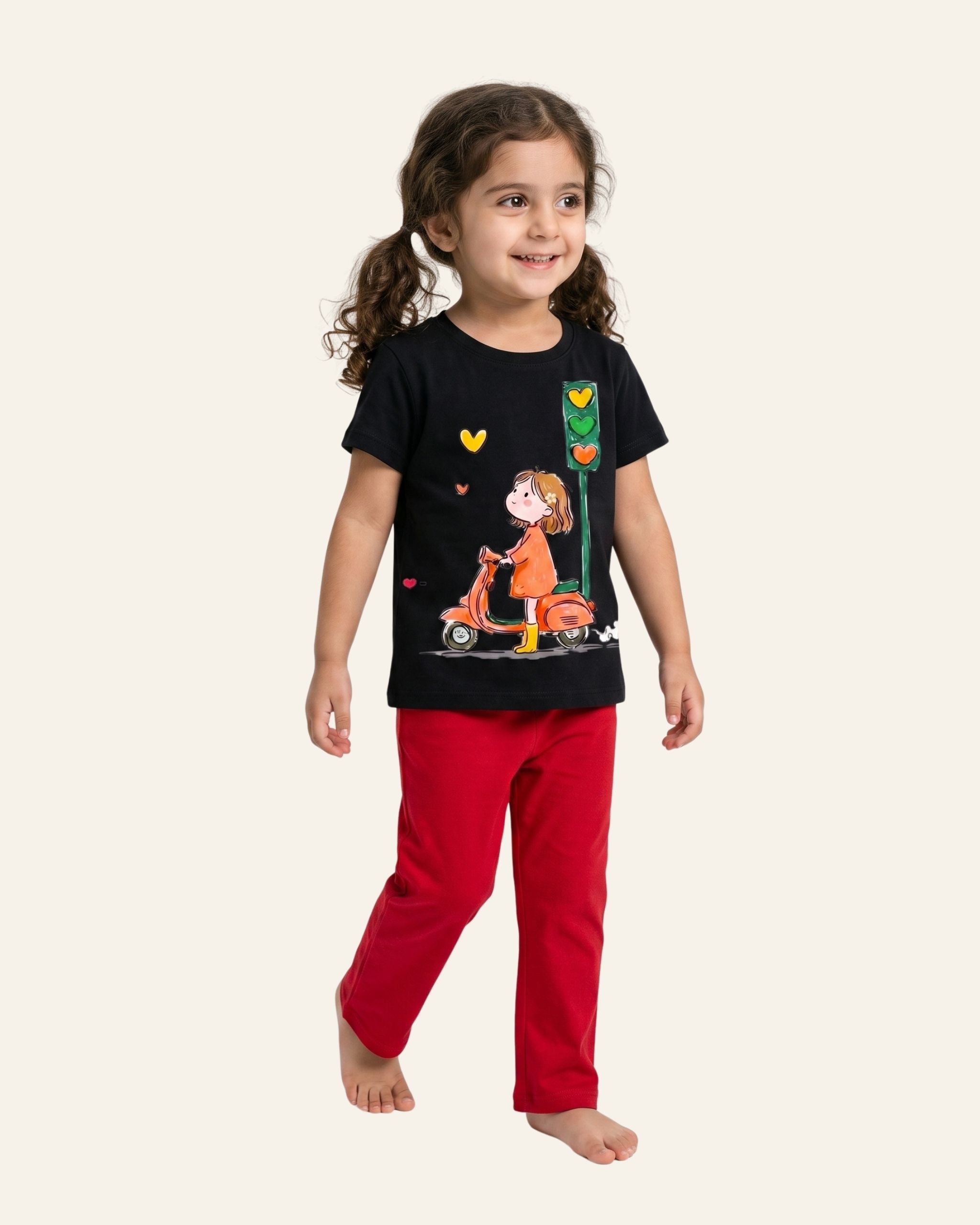 Girls Cartoon Cat Trouser Set — Black