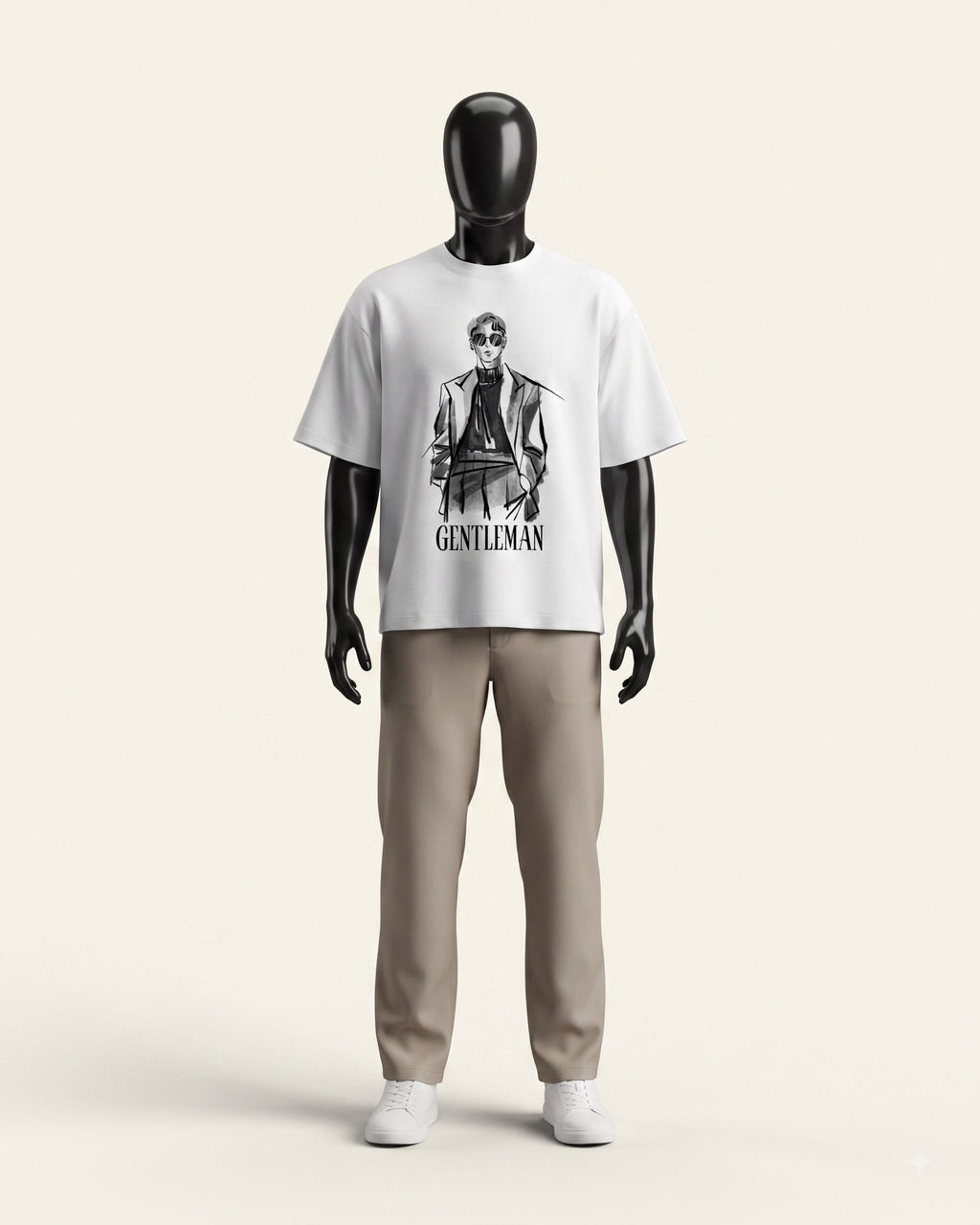 Man wearing a white cotton tee with a sketched gentleman print on the front