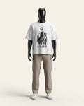 Man wearing a white cotton tee with a sketched gentleman print on the front
