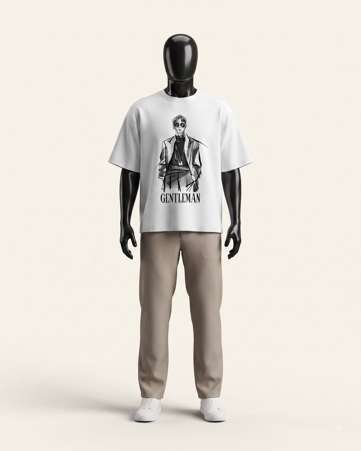 Man wearing a white cotton tee with a sketched gentleman print on the front