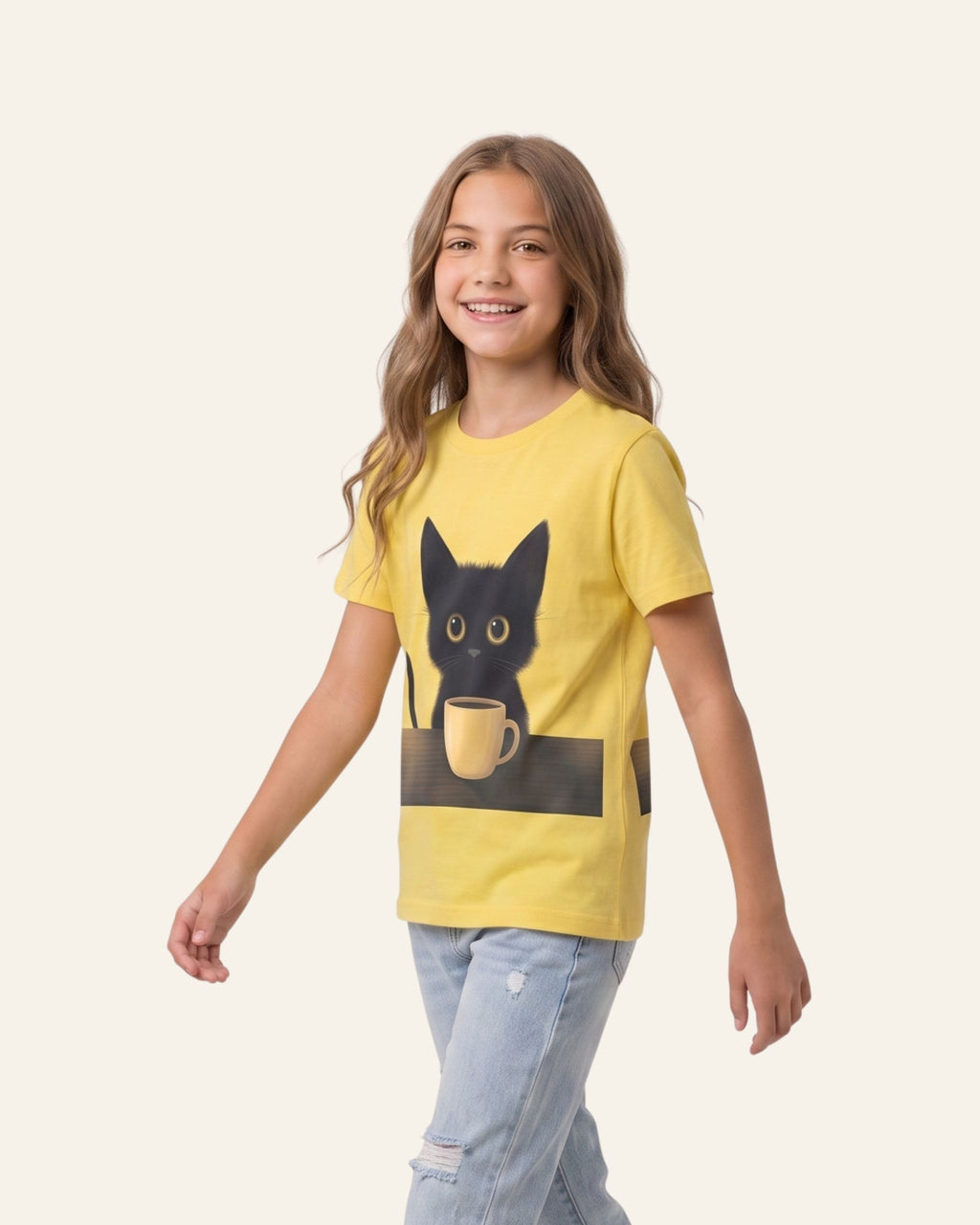 Girls Cat & Cup Tee — Yellow