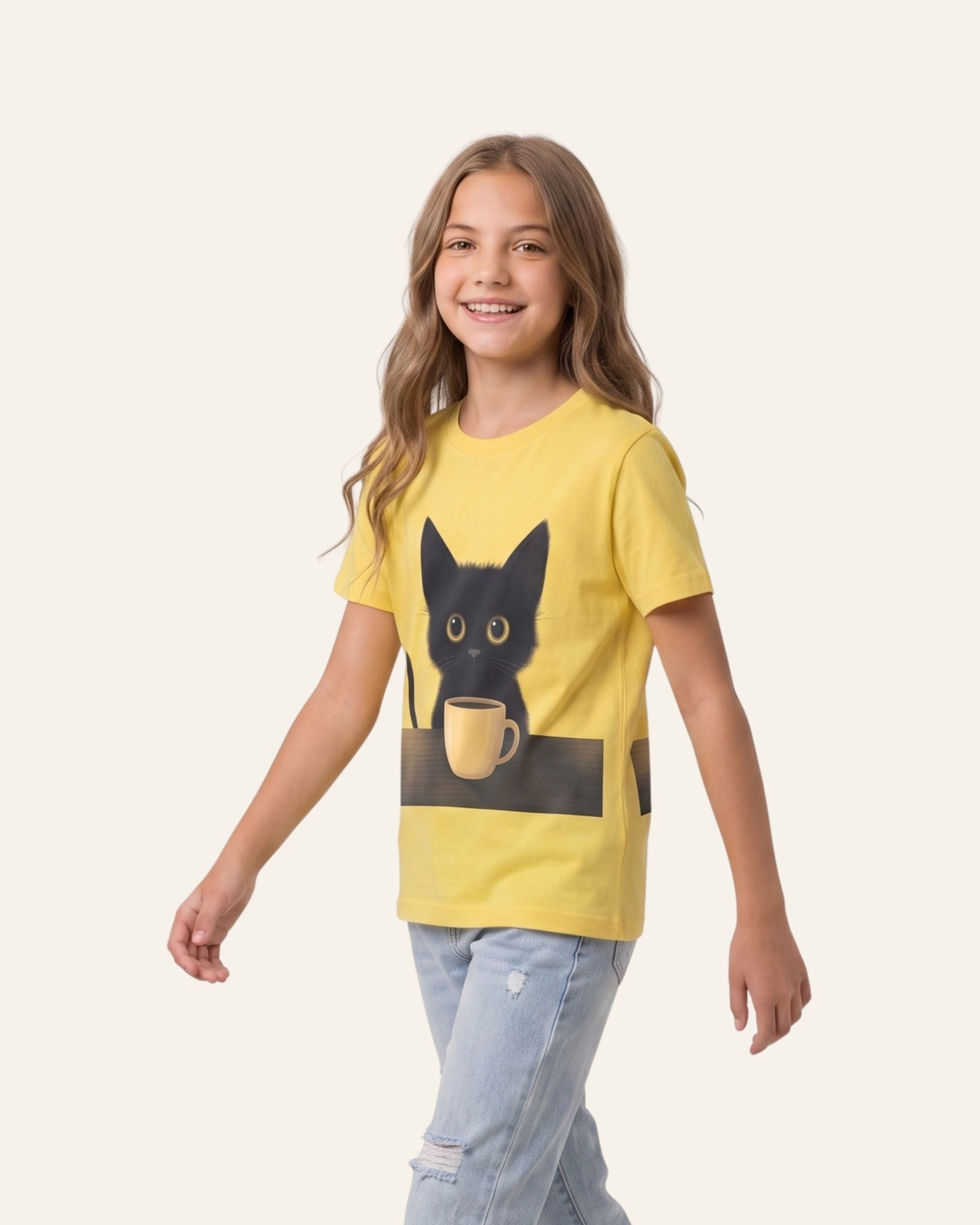 Girls Cat & Cup Tee — Yellow