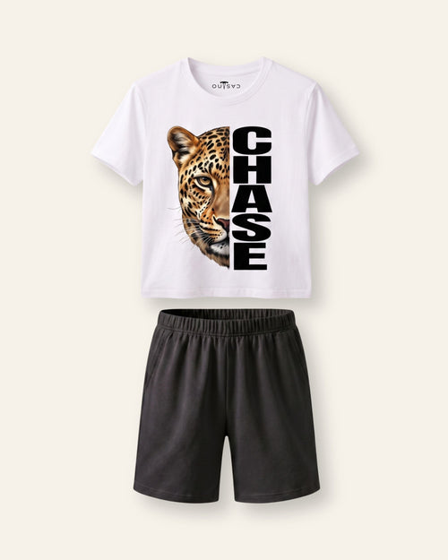 Boys white short set with bold leopard graphic, ages 3-14