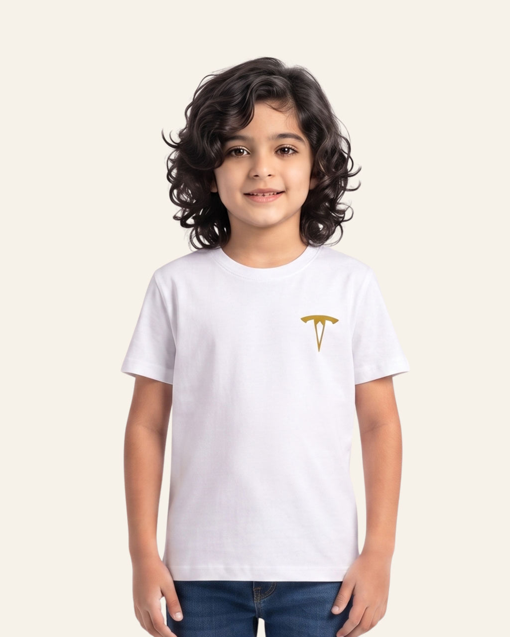 Boy wearing a white OUTCAST basic tee with jeans