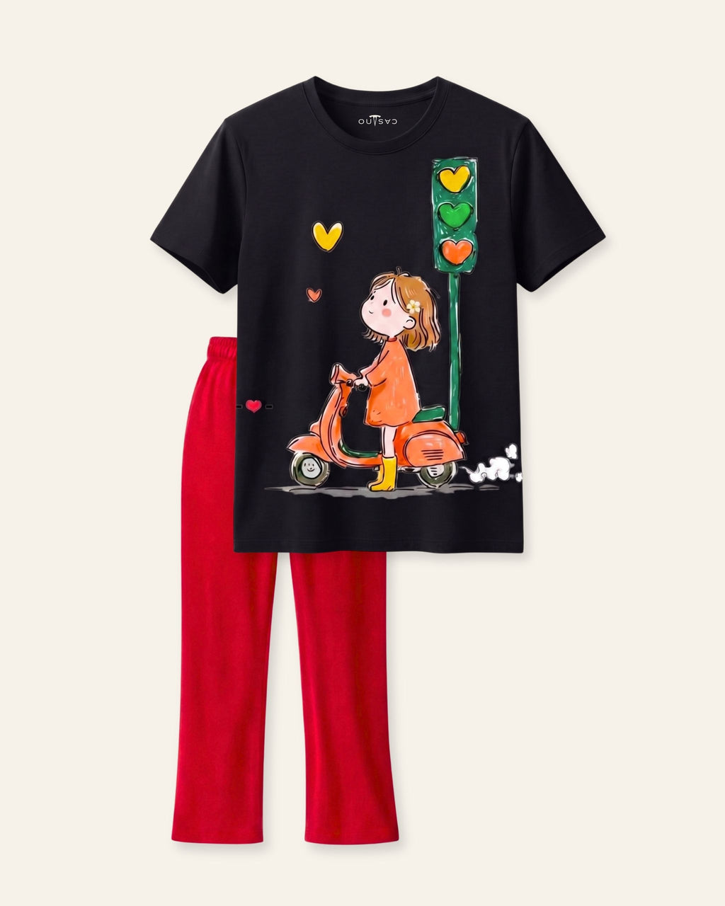 Girls Cartoon Cat Trouser Set — Black