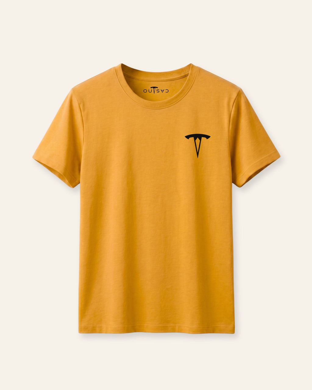 Kids mustard basic tee with the OUTCAST logo, flat front