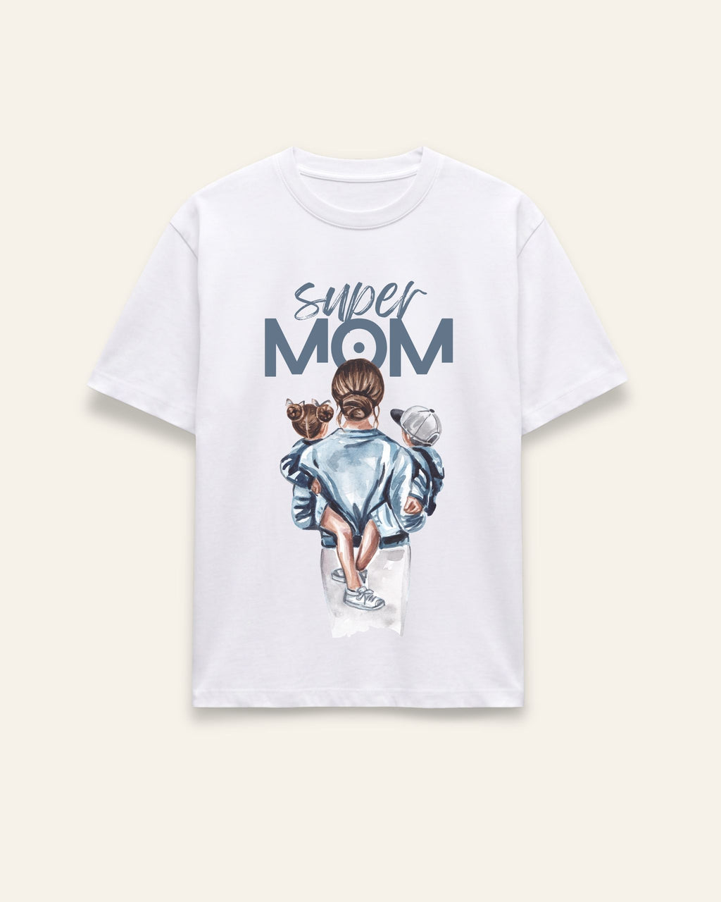 Front of the white cotton tee with a watercolour mother and child print under blue SUPER MOM lettering