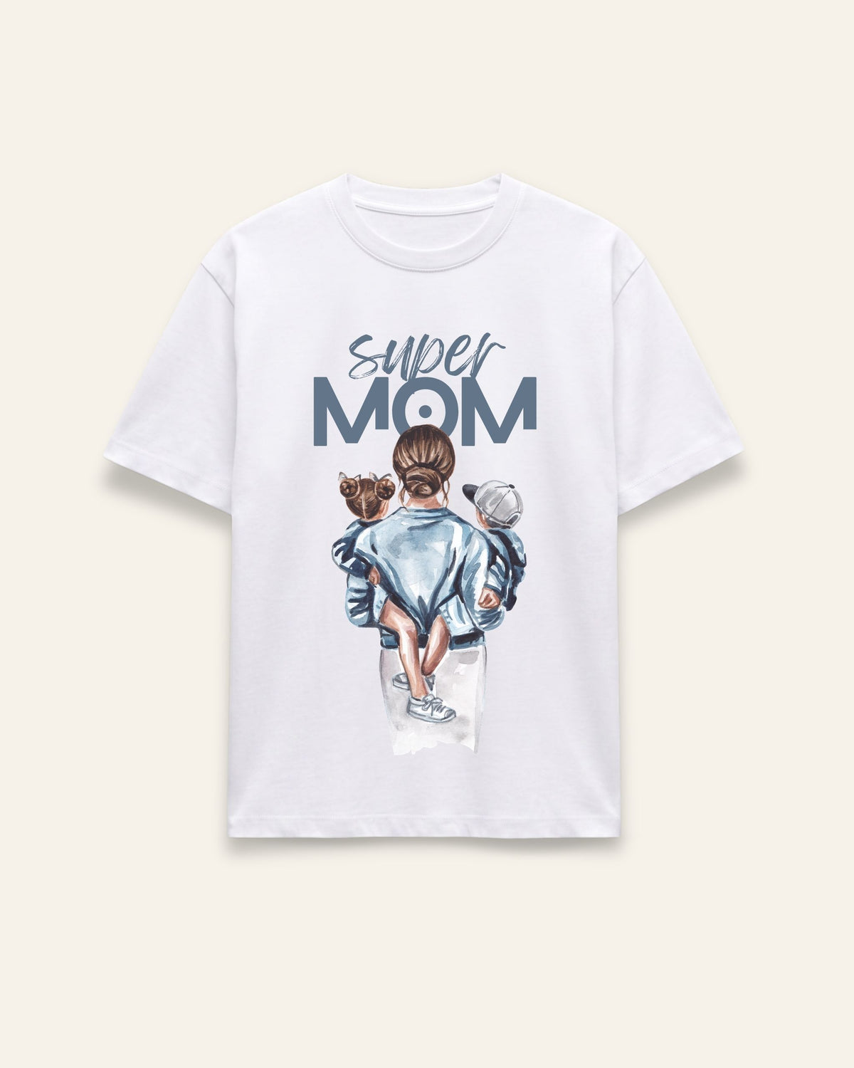 Front of the white cotton tee with a watercolour mother and child print under blue SUPER MOM lettering