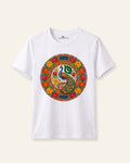 Kids white tee with a round truck art medallion print