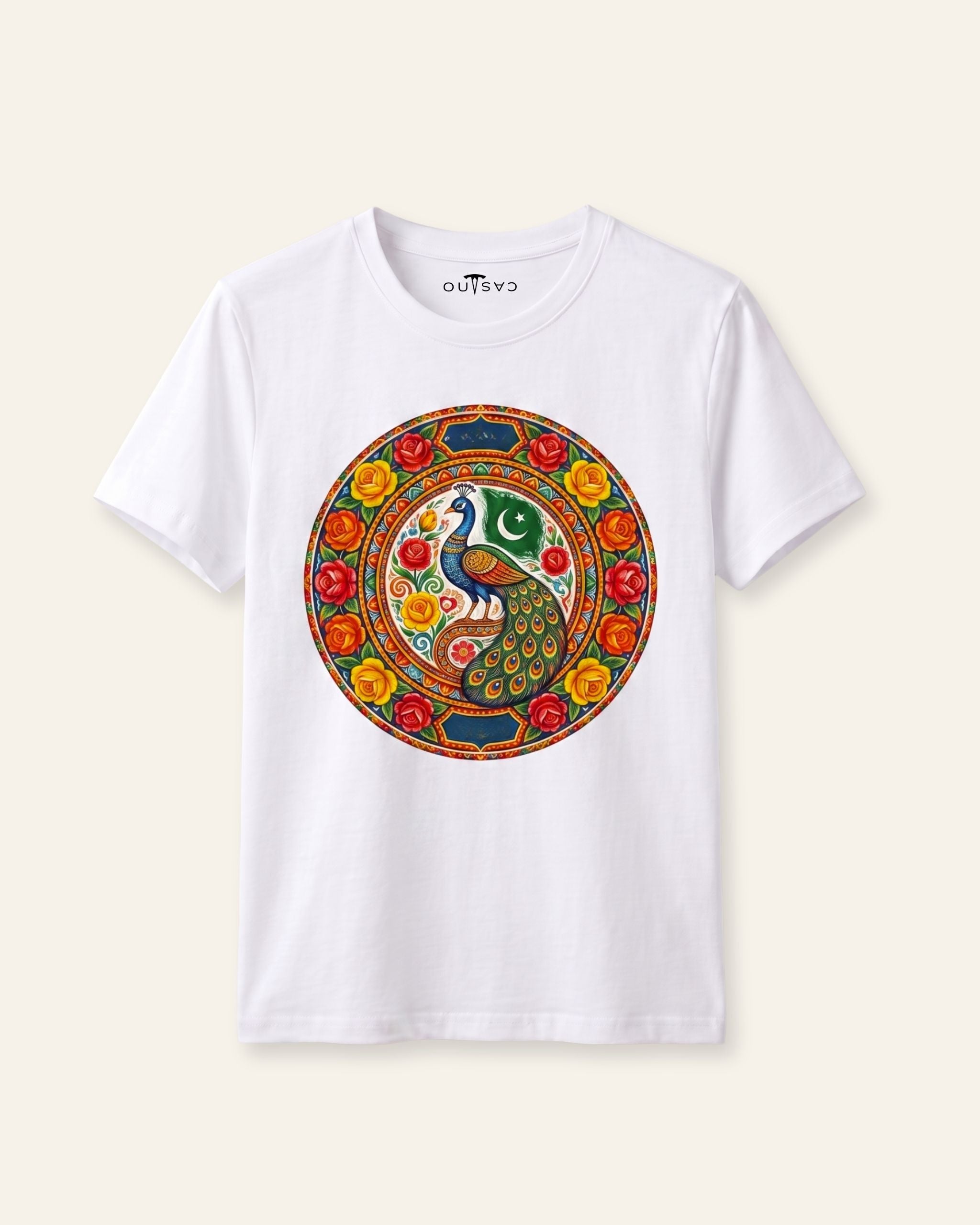 Kids white tee with a round truck art medallion print