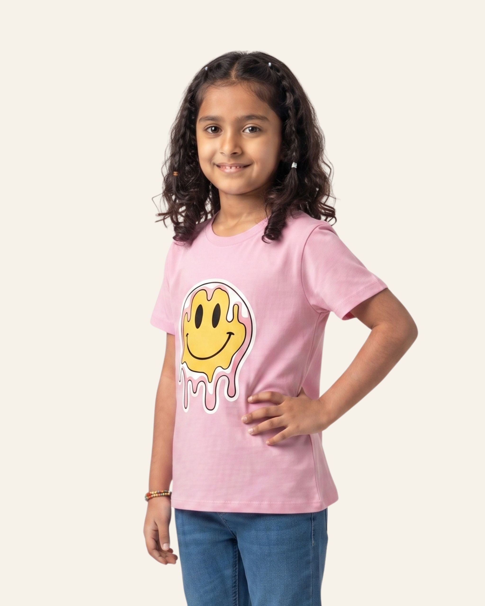 Girls Dripping Smiley Tee — Pink
