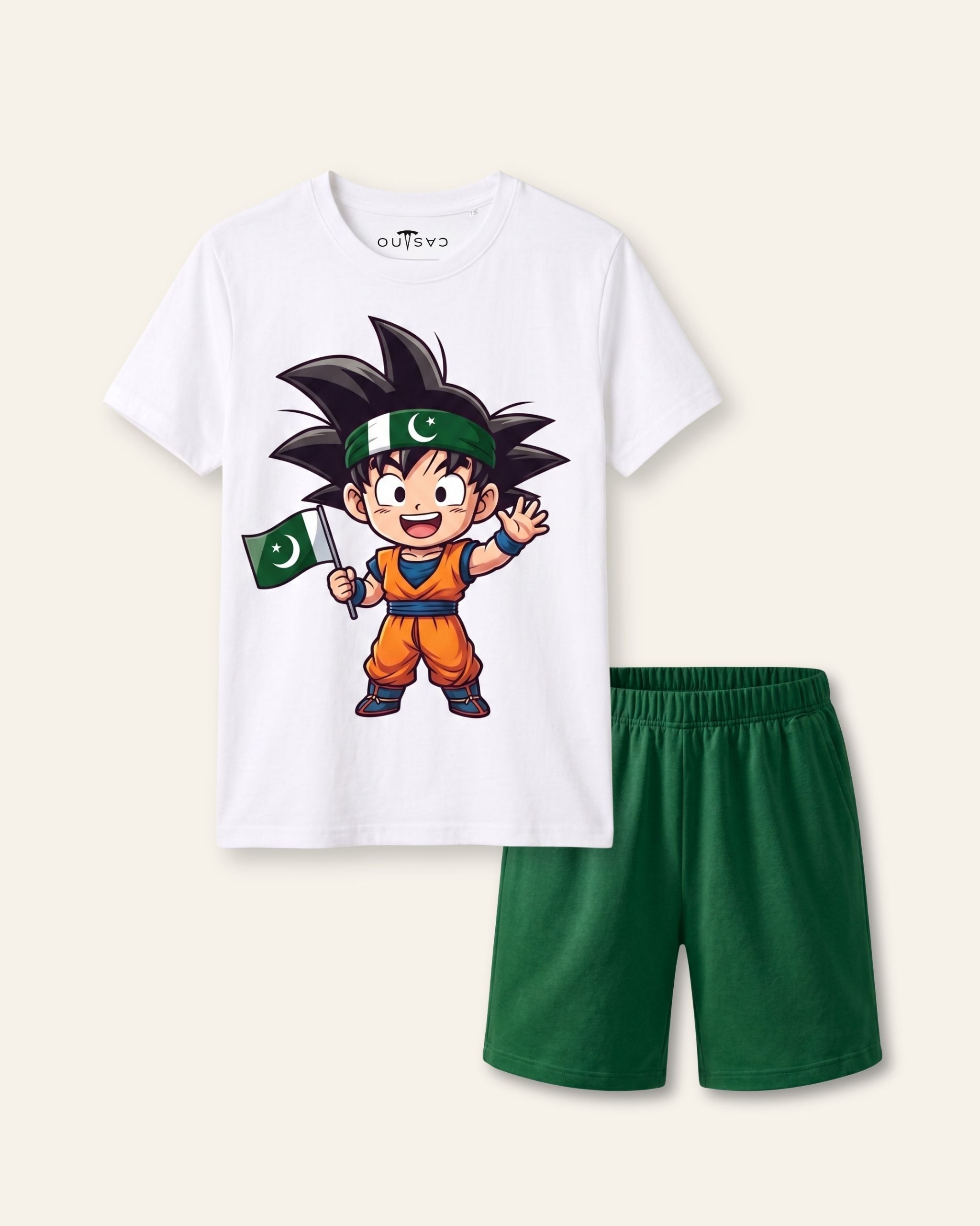 Kids white tee with a cartoon hero print and green shorts