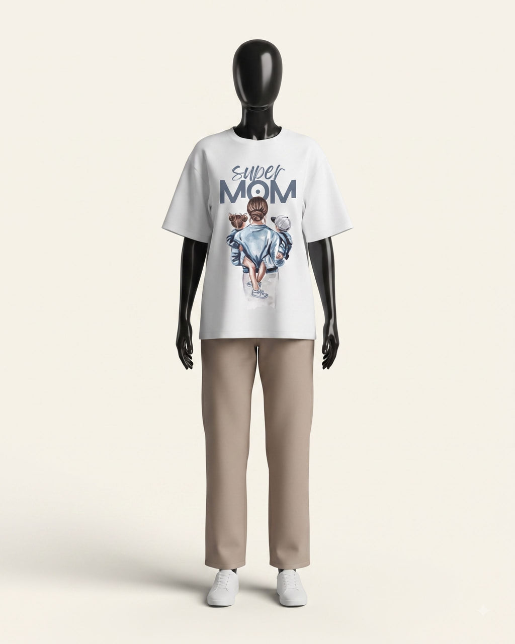 Woman wearing a white cotton tee with a watercolour mother and child print and SUPER MOM lettering