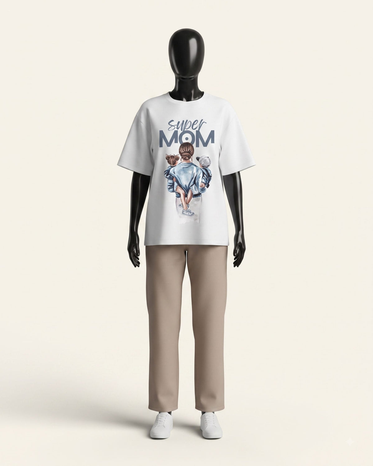 Woman wearing a white cotton tee with a watercolour mother and child print and SUPER MOM lettering