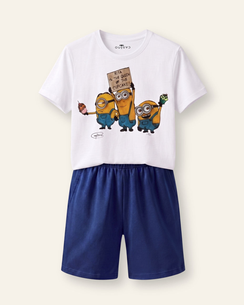 Boys Cartoon Crew Shorts Set — White