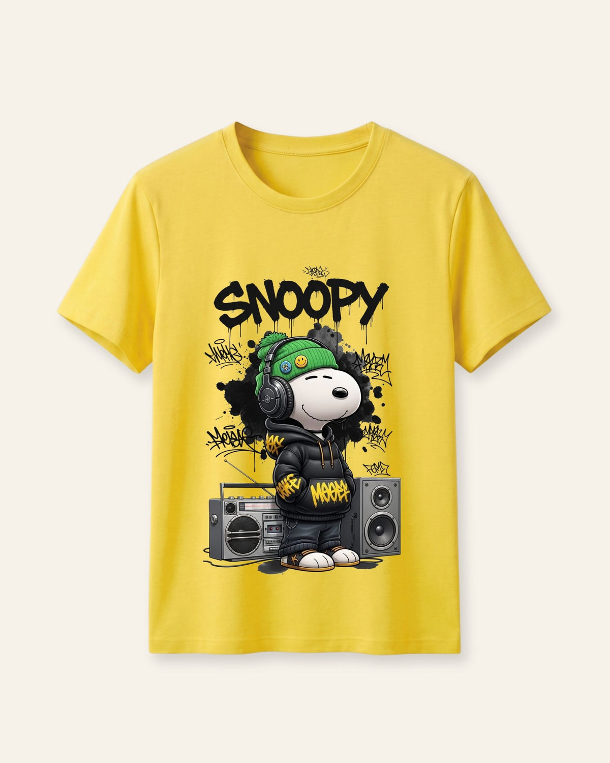 Yellow kids cotton tee with a cartoon beagle and boombox print