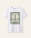 Kids white tee with a 14 August 1947 postage stamp print