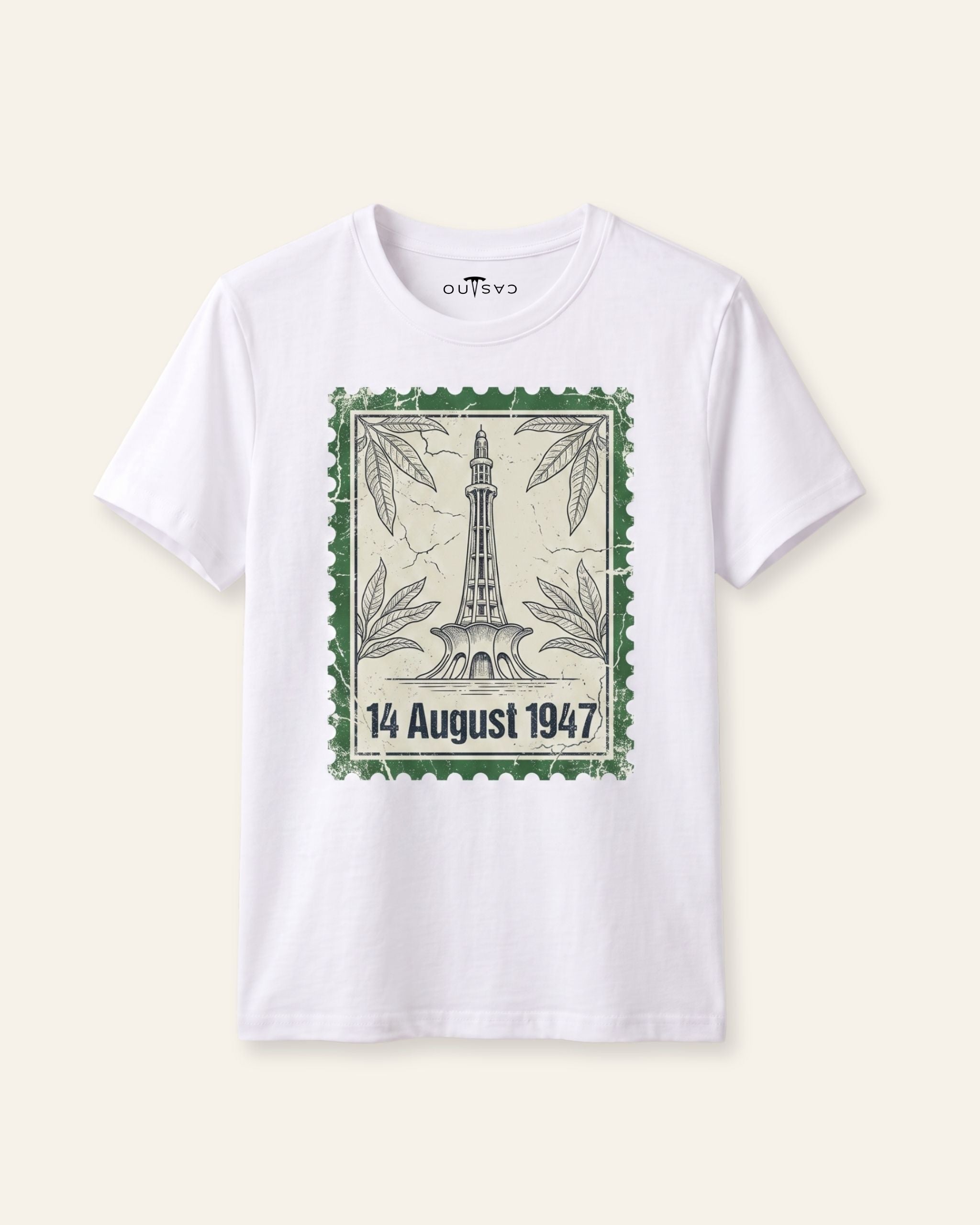 Kids white tee with a 14 August 1947 postage stamp print