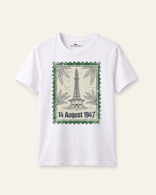 Kids white tee with a 14 August 1947 postage stamp print