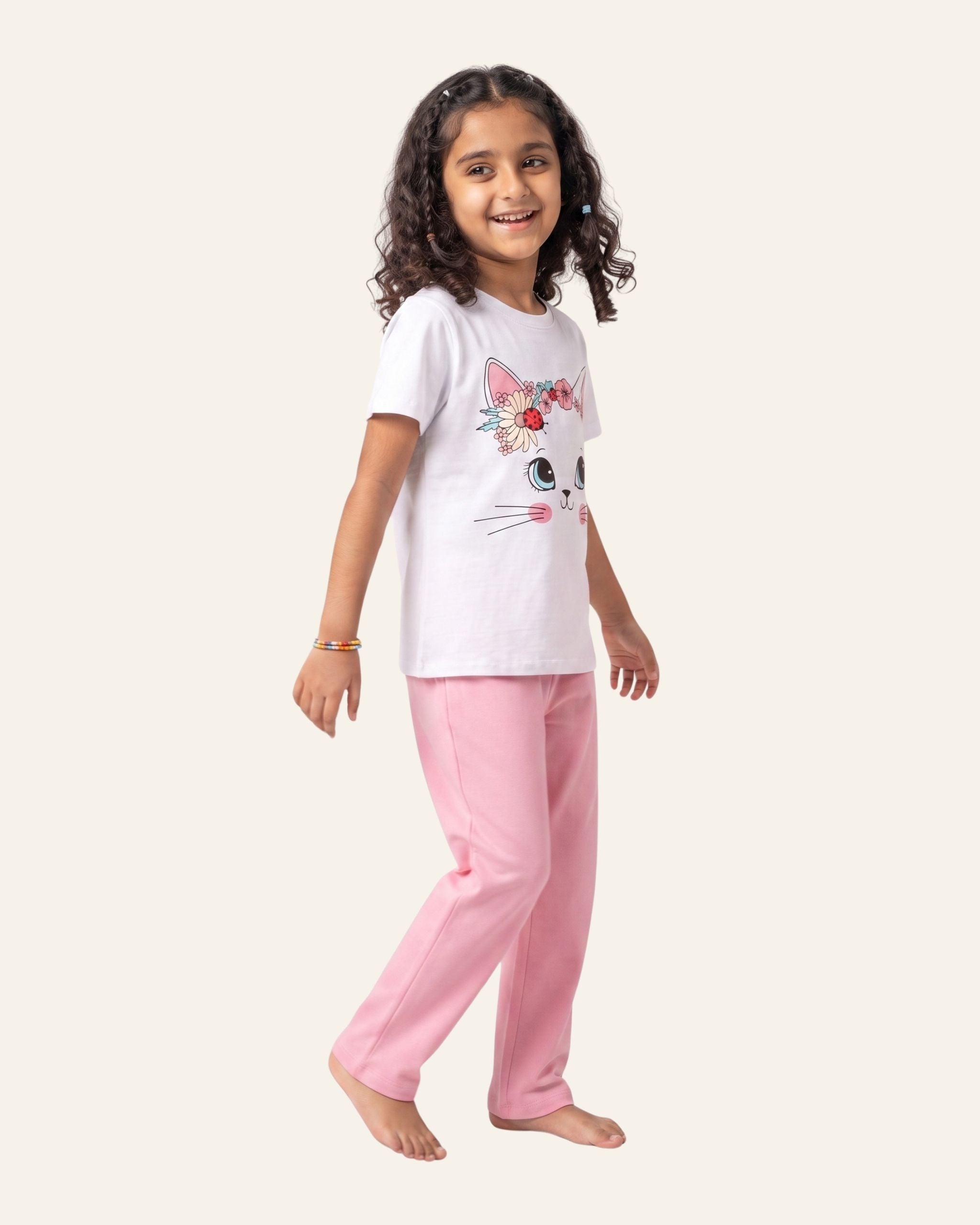 Girls Flower Crown Cat Trouser Set — White