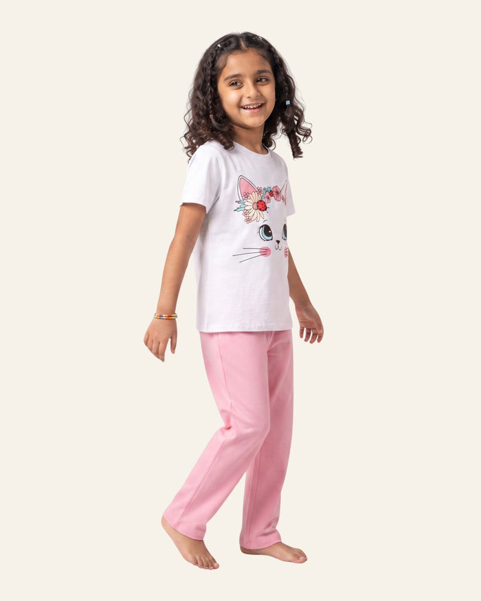 Girls Flower Crown Cat Trouser Set — White