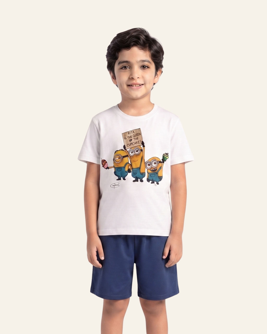 Boys Cartoon Crew Shorts Set — White