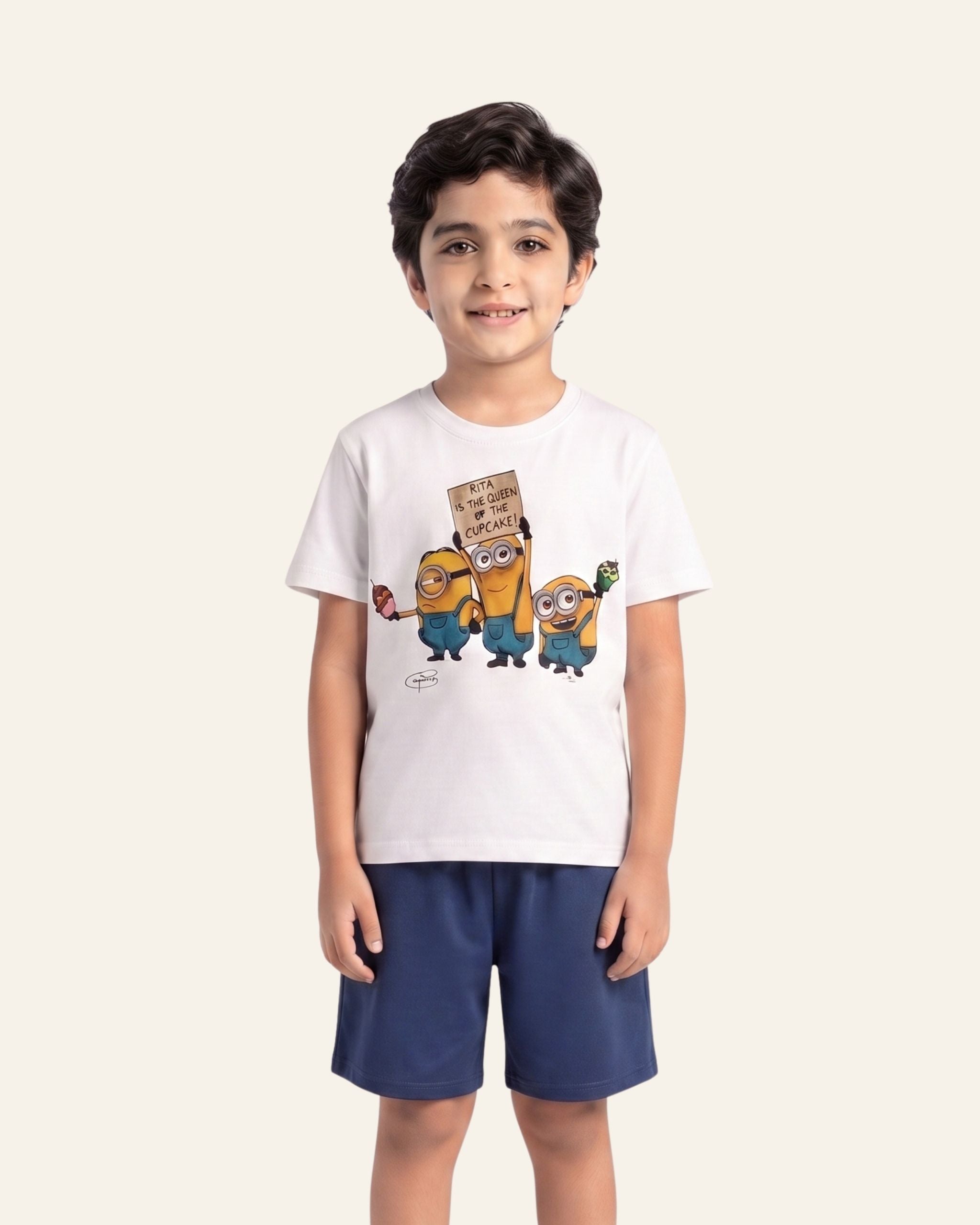 Boys Cartoon Crew Shorts Set — White