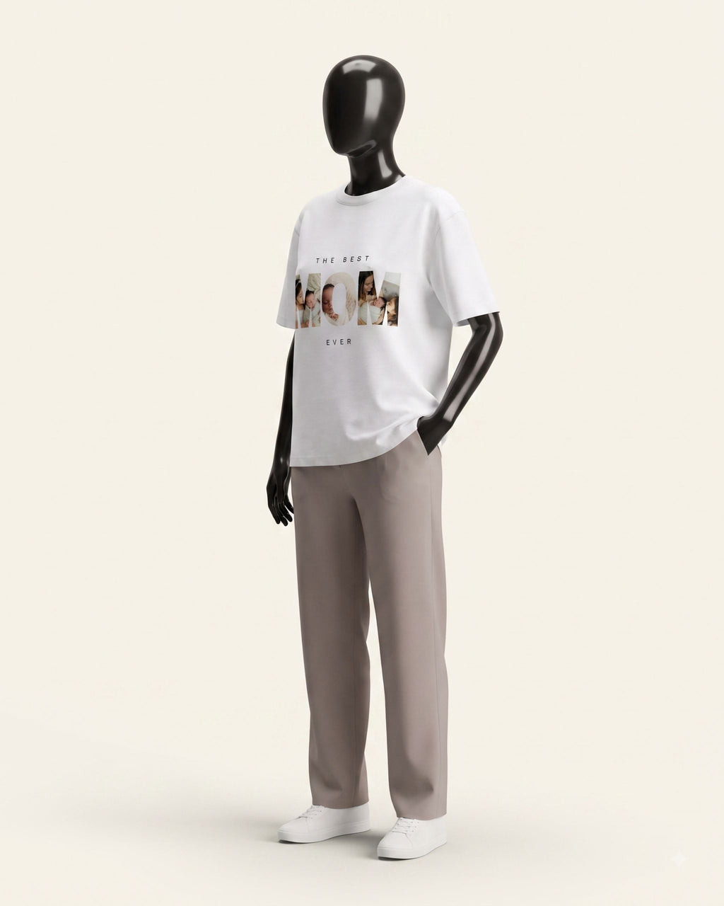 Woman wearing a white cotton tee with photo-collage MOM lettering on the front