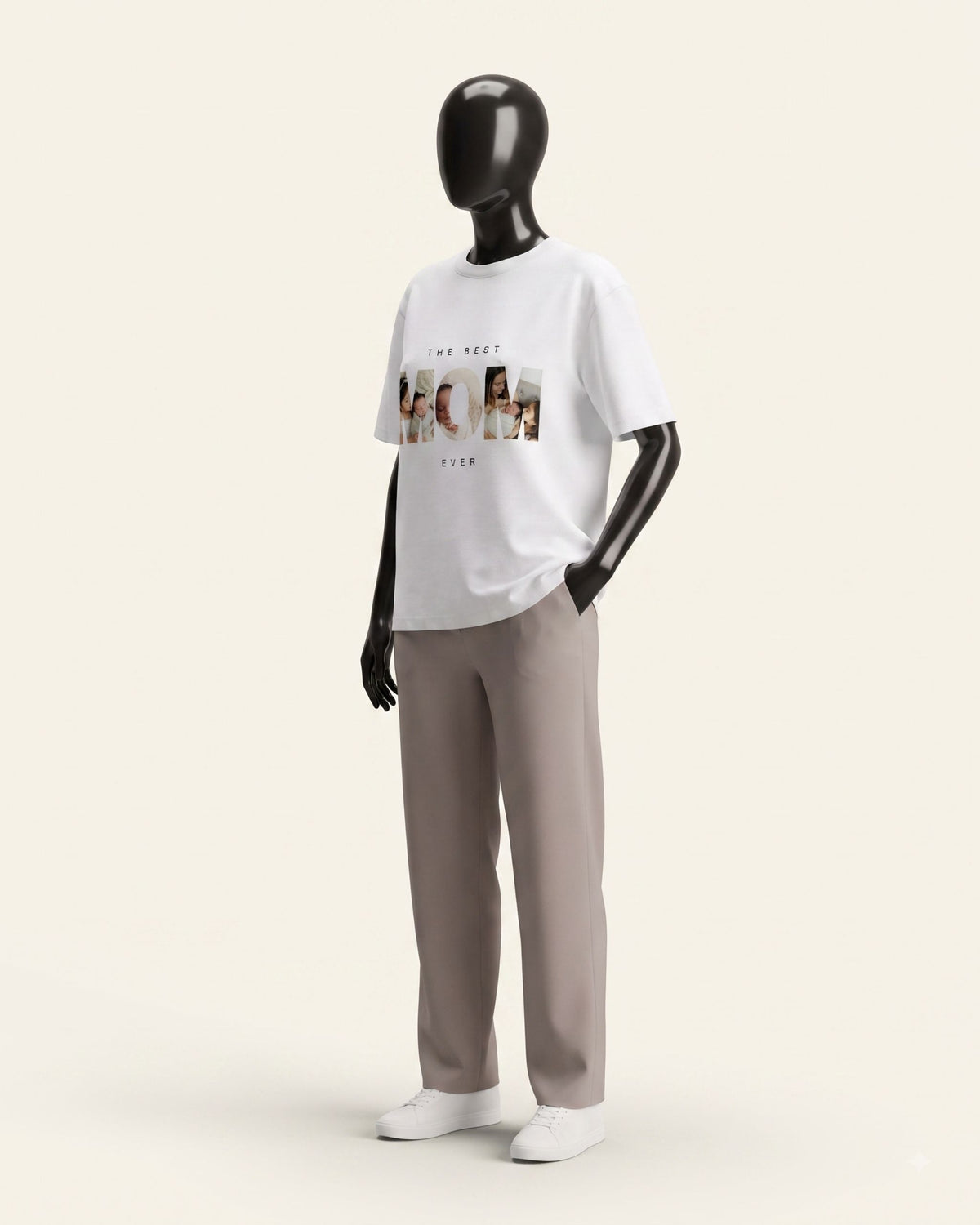 Woman wearing a white cotton tee with photo-collage MOM lettering on the front