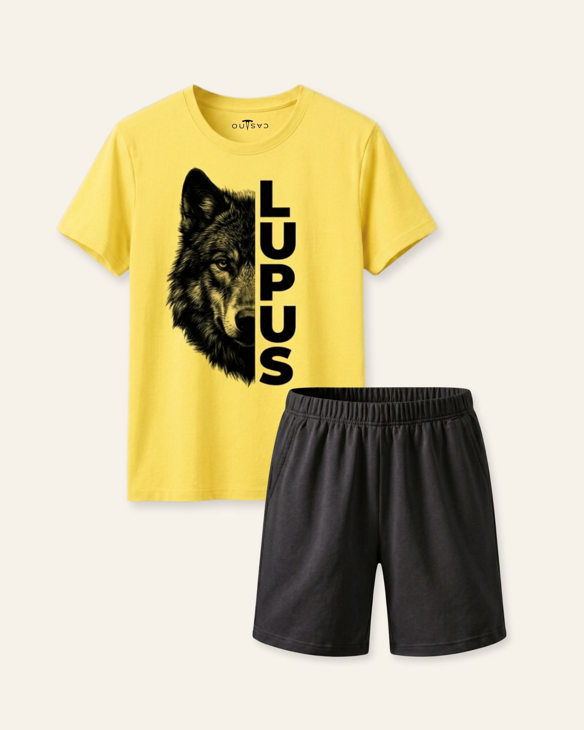 Boys Wolf Graphic Shorts Set — Yellow