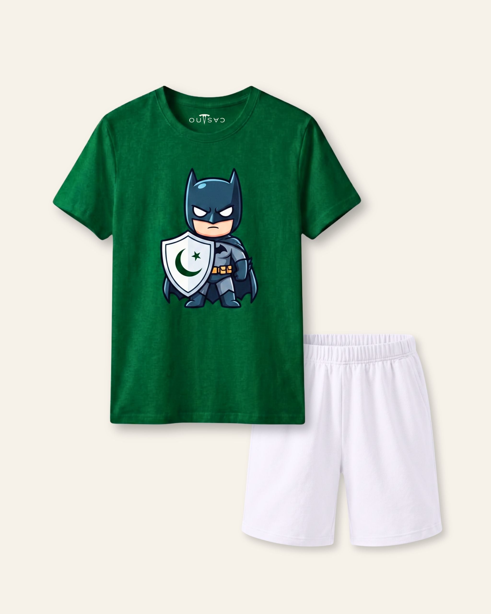 Kids green tee with a caped cartoon bat hero print and white shorts