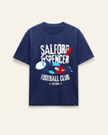 Front of the navy cotton tee with a retro varsity football club graphic in red, white and sky blue