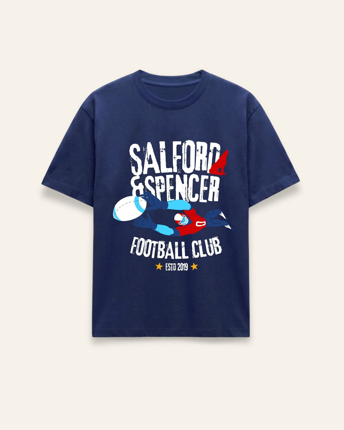 Front of the navy cotton tee with a retro varsity football club graphic in red, white and sky blue