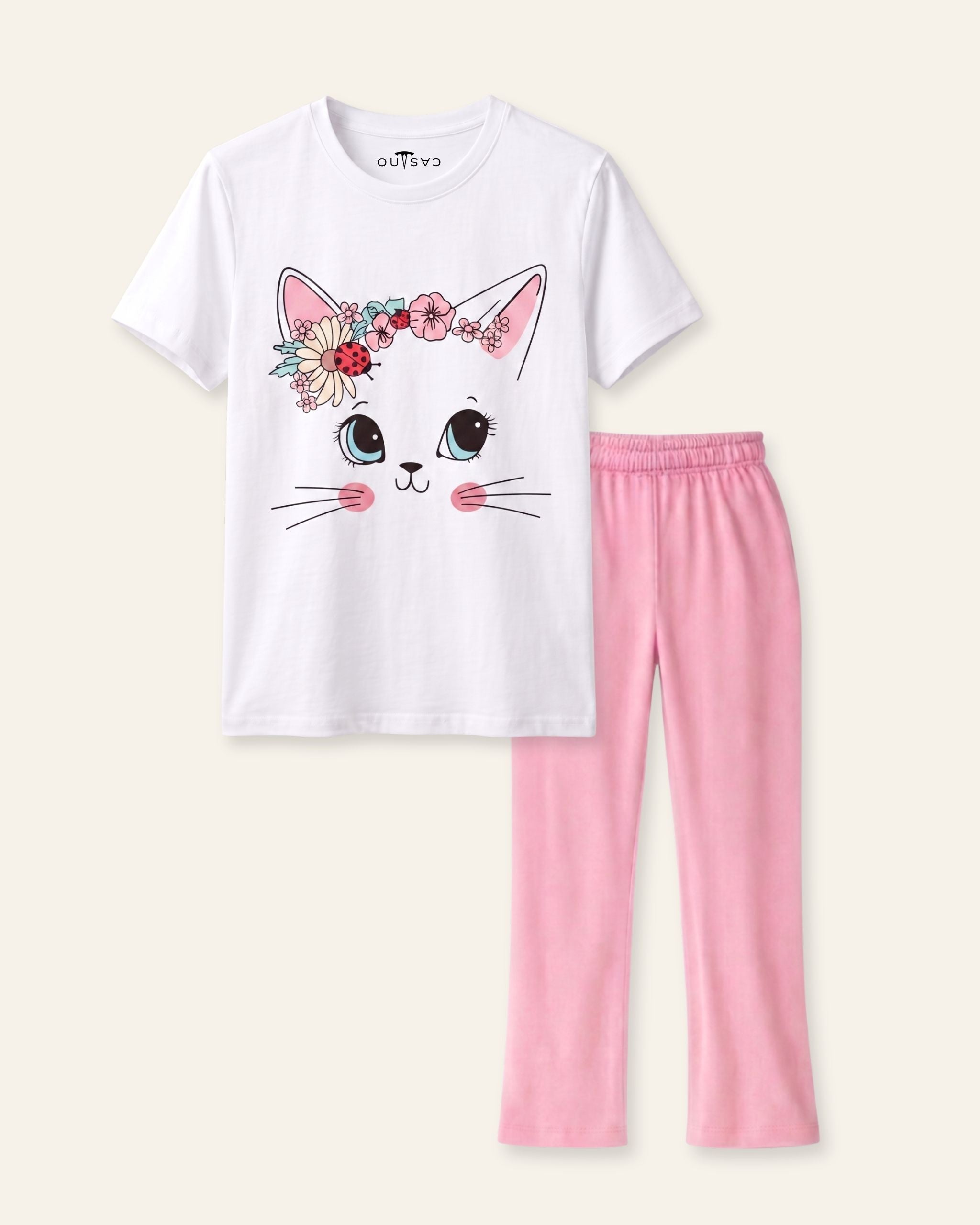 Girls Flower Crown Cat Trouser Set — White